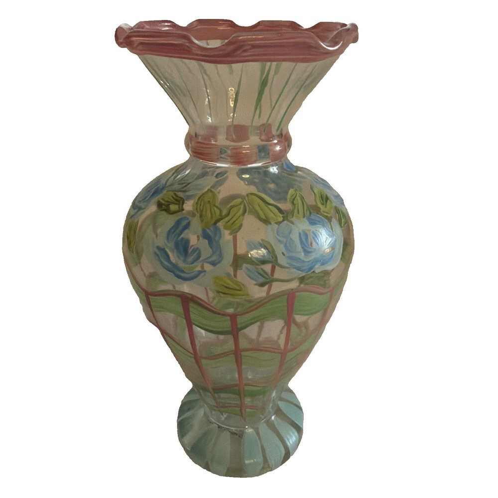 Tracy Porter Hand Painted Glass Floral Bud Vase Scallop Edge Blue Flowers Green‎